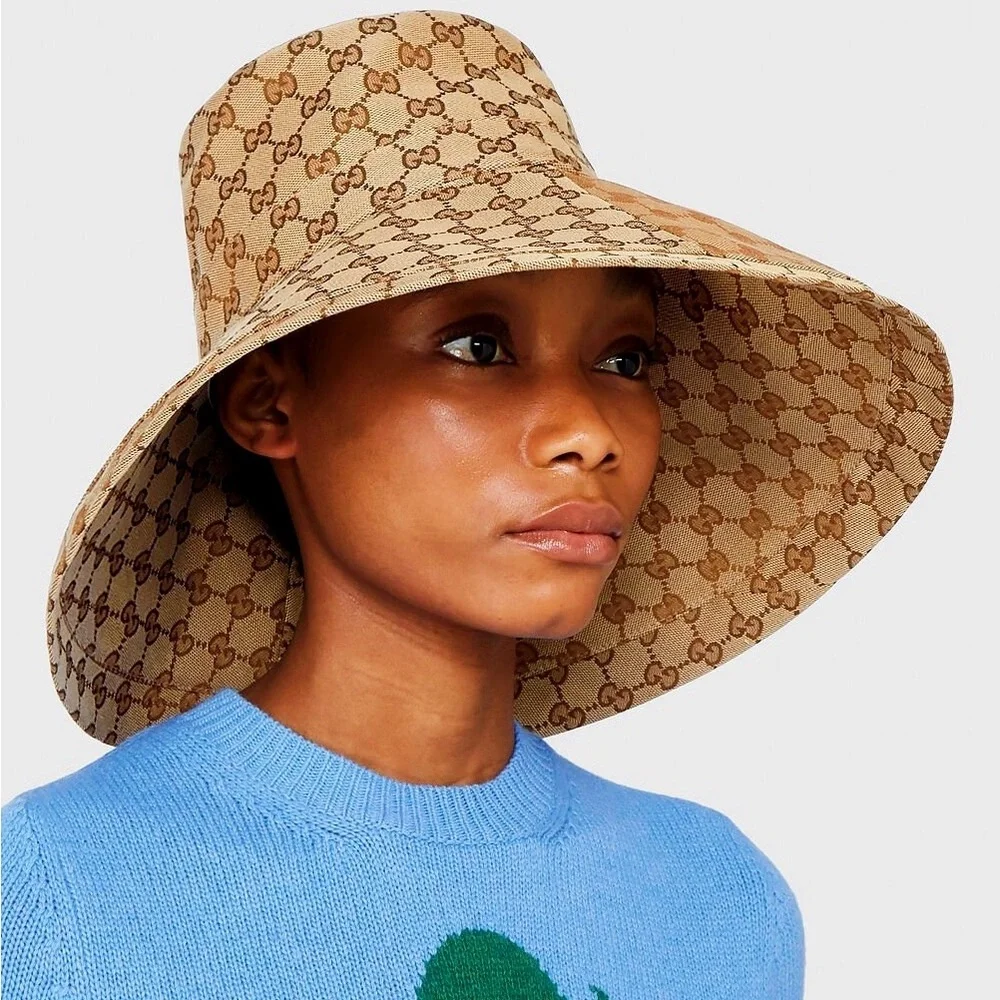 Gucci Beige GG Monogram Bucket Hat Wide Large Brim Jacquard Canvas Sun Beach - Picture 11 of 16